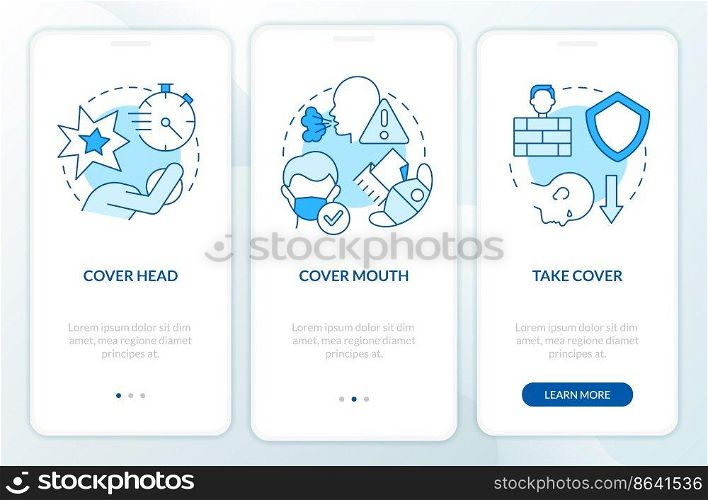 Actions outside during attack blue onboarding mobile app screen. Walkthrough 3 steps editable graphic instructions with linear concepts. UI, UX, GUI template. Myriad Pro-Bold, Regular fonts used. Actions outside during attack blue onboarding mobile app screen