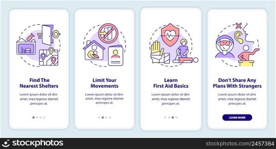 Actions to stay safe during war onboarding mobile app screen. Survive walkthrough 4 steps graphic instructions pages with linear concepts. UI, UX, GUI template. Myriad Pro-Bold, Regular fonts used. Actions to stay safe during war onboarding mobile app screen