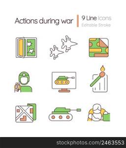 Actions to survive during war RGB color icons set. Stay safe in extreme situation. Isolated vector illustrations. Simple filled line drawings collection. Editable stroke. Quicksand-Light font used. Actions to survive during war RGB color icons set