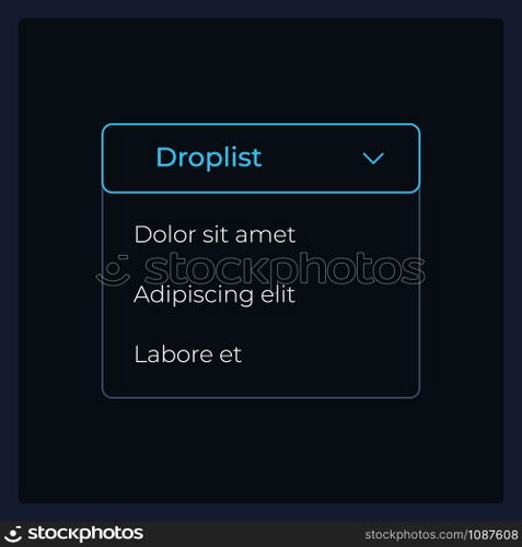 Activated dropdown list UI element template. Editable isolated vector dashboard component. Flat user interface. Visual data presentation. Web design widget for mobile application with dark theme. Activated dropdown list UI element template