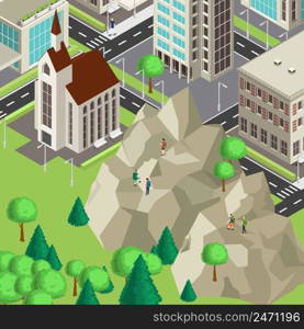 Active adventure isometric concept with travelers climbing on hill for better sights photo vector illustration. Active Adventure Isometric Concept