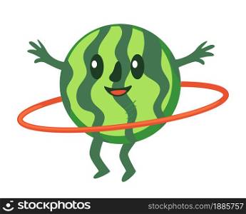 Active and healthy lifestyle of watermelon using hula hoop to train, loose weight and grow muscles. Summer sports and keeping fit with gym equipment. Emotion or character vector in flat style. Sportive watermelon using hula hoop for exercises vector