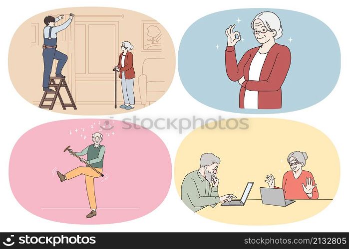 Active and modern lifestyle of pensioners concept. Set of mature people grandparents getting help of house worker showing ok sign playing with stick learning online chat and laptop vector illustration. Active and modern lifestyle of pensioners concept