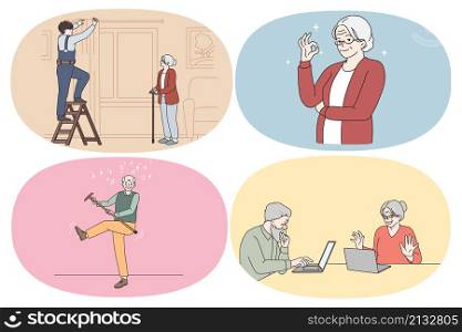 Active and modern lifestyle of pensioners concept. Set of mature people grandparents getting help of house worker showing ok sign playing with stick learning online chat and laptop vector illustration. Active and modern lifestyle of pensioners concept