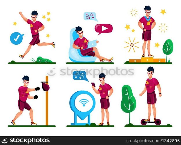 Active and Sporty Man in Sportswear Jogging Outdoors, Boxing, Riding Self-Balancing Scooter, Tracking Training Results with Mobile App, Winning Competition Trendy Flat Vector Character Illustrations