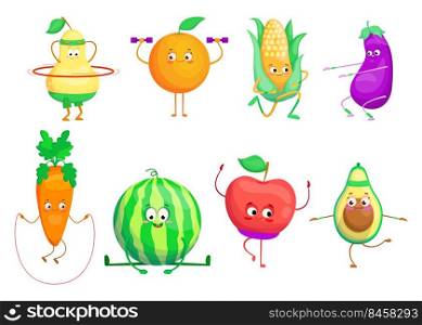 Active cartoon fruit and vegetables set. Pear, apple, avocado, watermelon, carrot doing sport exercises. Vector illustrations for healthy lifestyle, nutrition for activity, wellness concept
