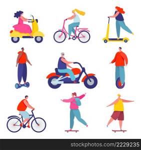 Active characters on skateboard and scooter and bicycle. Young people on different vehicles as hoverboard and electric unicycle. Street summer activities, outdoor transport vector set. Active characters on skateboard and scooter and bicycle. Young people on different vehicles as hoverboard