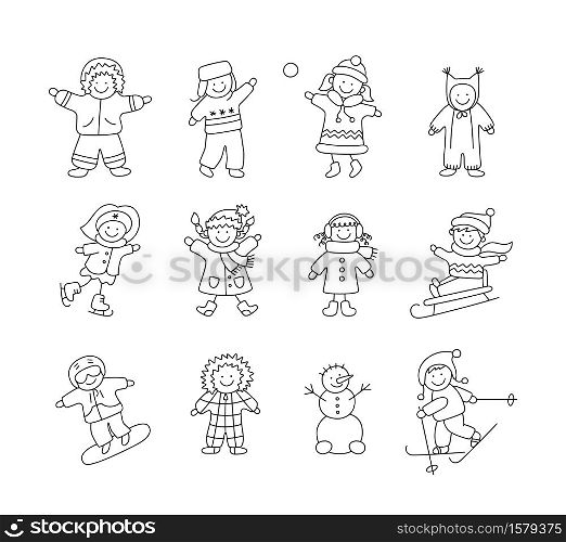 Active children in winter. Cute kids play outdoor with snow. Set of doodle isolated vector objects on white background. Active children in winter. Cute kids play outdoor with snow.