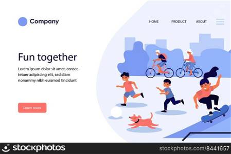 Active children on city playground. Playing ball, skateboarding, bikes flat vector illustration. Lifestyle, outdoor activity concept for banner, website design or landing web page