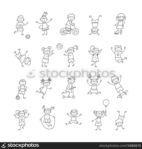 Active children play, run and jump. Happy cute doodle kids. A set of isolated characters. Vector illustration in hand drawn style on white background. Active children play, run and jump. Happy cute doodle kids. A set of isolated characters. Vector illustration i