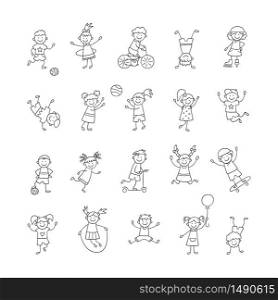 Active children play, run and jump. Happy cute doodle kids. A set of isolated characters. Vector illustration in hand drawn style on white background. Active children play, run and jump. Happy cute doodle kids. A set of isolated characters. Vector illustration i
