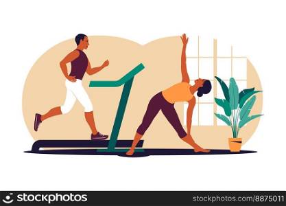 Active couple doing exercise. Man and woman training together at home. Sport in a cozy interior. Vector illustration. Flat.