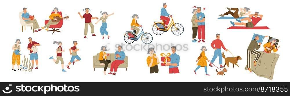 Active elderly characters hobby. Senior men and women riding bicycle, dating, sleeping, dance, exercising, gardening or travel. Aged people lifestyle, pensioner activity Cartoon linear flat vector set. Active elderly characters hobby senior people life