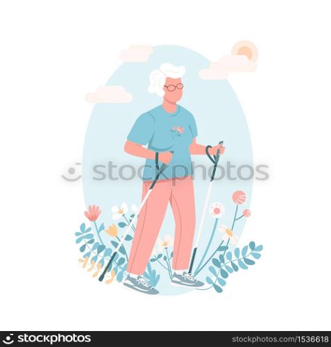 Active elderly female flat color vector faceless character. Senior woman workout. Sport for healthy lifestyle. Women healthcare isolated cartoon illustration for web graphic design and animation. Active elderly female flat color vector faceless character