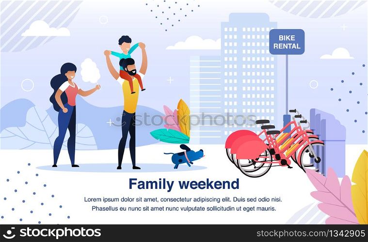 Active Family Happy Weekend Trendy Flat Vector Banner, Poster Template. Parents with Child, Father, Mother and Son Walking in City Park, Choosing Bicycles on Bike Rental Service Parking Illustration