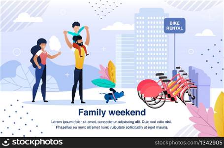 Active Family Happy Weekend Trendy Flat Vector Banner, Poster Template. Parents with Child, Father, Mother and Son Walking in City Park, Choosing Bicycles on Bike Rental Service Parking Illustration