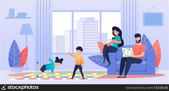 Active Floor Standing Twister-Game for Family. Children, Boy and Girl, Sister and Brother, Son and Daughter Playing with Parents in Living Room. Fun and Joyful Time at Home. Vector Flat Illustration. Active Floor Standing Twister-Game for Family