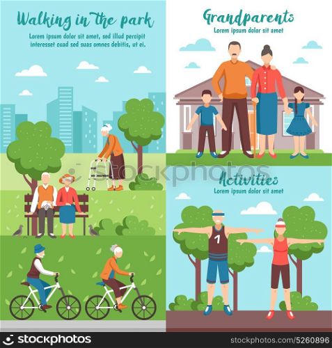 Active Grandparents Outdoor Compositions. Conceptual composition of active senior people banners with flat faceless characters walking park outdoor sport activities vector illustration