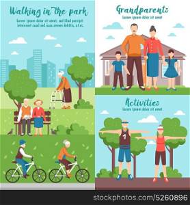 Active Grandparents Outdoor Compositions. Conceptual composition of active senior people banners with flat faceless characters walking park outdoor sport activities vector illustration