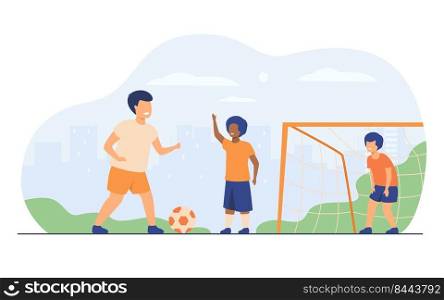 Active happy children playing football outdoors isolated flat vector illustration. Cartoon boys playing soccer, running and kicking ball on playground. Summer vacation and sport game concept