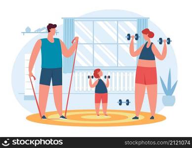 Active healthy family, parents and child exercising at home together. Parent with kid doing sports activity, morning workout vector illustration. Mother, father and daughter practicing sport. Active healthy family, parents and child exercising at home together. Parent with kid doing sports activity, morning workout vector illustration