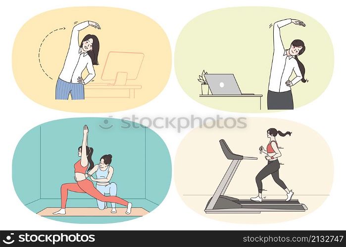 Active healthy lifestyle and sport concept. Set of young women making exercises stretching jogging and practicing yoga workouts in office at home and in gym vector illustration. Active healthy lifestyle and sport concept.