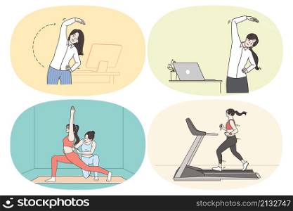 Active healthy lifestyle and sport concept. Set of young women making exercises stretching jogging and practicing yoga workouts in office at home and in gym vector illustration. Active healthy lifestyle and sport concept.
