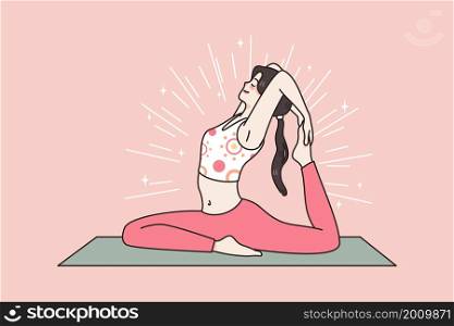 Active healthy lifestyle and sport concept. Young woman making stretching yoga or pilates workout on mat feeling harmony vector illustration . Active healthy lifestyle and sport concept