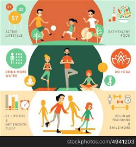 Active Healthy Lifestyle Horizontal Banners . Active healthy lifestyle horizontal banners with people and different activities for good health vector illustration