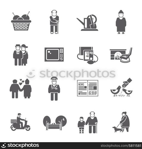 Active healthy pensioners life style grey icons set isolated vector illustration. Pensioners Life Icons Set