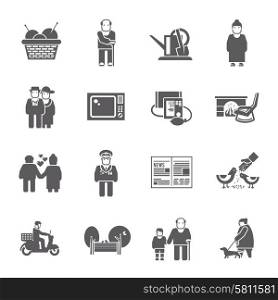 Active healthy pensioners life style grey icons set isolated vector illustration. Pensioners Life Icons Set