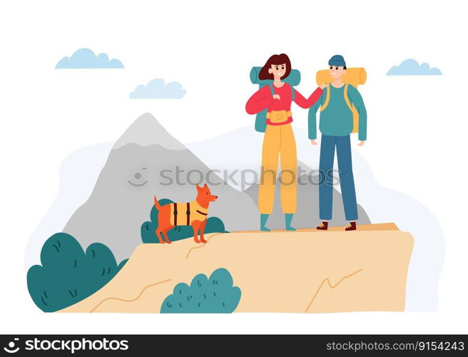 Active hiking tourists, outdoor activity camping trip. Man and woman with backpacks trekking in mountains with pet. Cartoon couple walking together with dog vector. Adventure in nature. Active hiking tourists, outdoor activity camping trip. Man and woman with backpacks trekking in mountains with pet