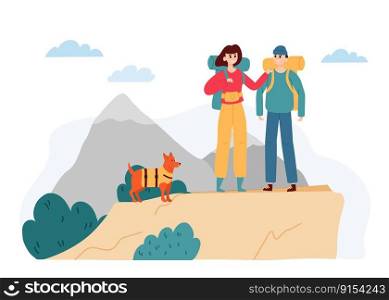 Active hiking tourists, outdoor activity camping trip. Man and woman with backpacks trekking in mountains with pet. Cartoon couple walking together with dog vector. Adventure in nature. Active hiking tourists, outdoor activity camping trip. Man and woman with backpacks trekking in mountains with pet