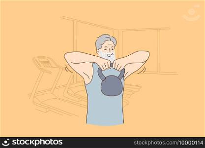 Active joyful elderly people lifestyle and fit concept. Smiling cheerful hipster senior man training in gym making sports workout with dumbbels enjoying active life vector illustration . Active joyful elderly people lifestyle and fit concept