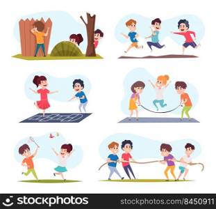 Active kids. Boys and girls pulling rope running jumping and playing in outdoor active games exact vector colored illustration set. Boy and girl fun playing with rope. Active kids. Boys and girls pulling rope running jumping and playing in outdoor active games exact vector colored illustration set