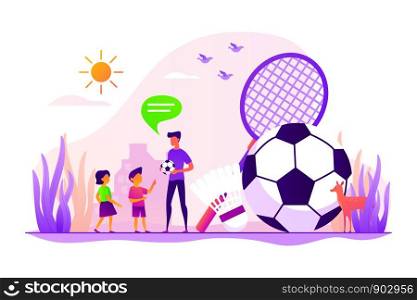 Active kids games. Family outdoor activities. Children playing badminton, football. Sport summer camp, multi sports camp, active summer time concept. Vector isolated concept creative illustration. Sport summer camp concept vector illustration