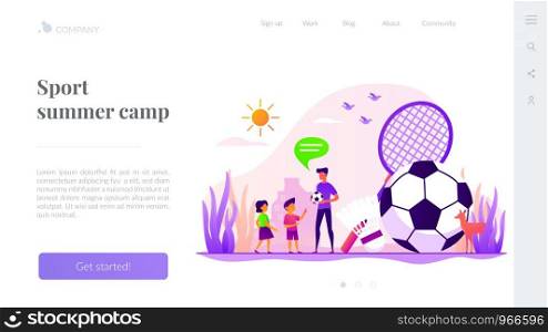 Active kids games. Family outdoor activities. Children playing badminton, football. Sport summer camp, multi sports camp, active summer time concept. Website homepage header landing web page template.. Sport summer camp landing page template