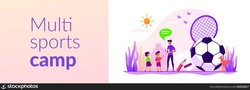 Active kids games. Family outdoor activities. Children playing badminton, football. Sport summer camp, multi sports camp, active summer time concept. Header or footer banner template with copy space.. Sport summer camp web banner concept