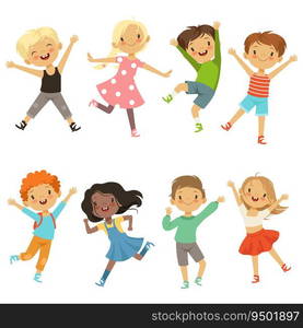 Active kids in different action poses. Vector illustrations. Young boy and girl happiness, active jump and cheerful. Active kids in different action poses. Vector illustrations