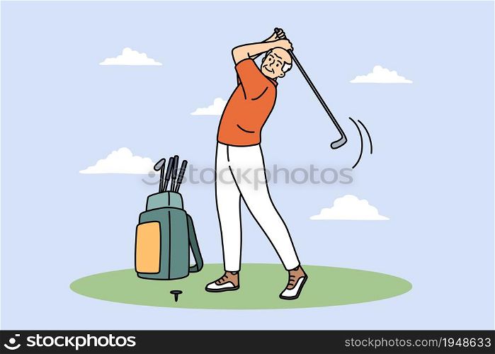 Active leisure and golf concept. Smiling mature elderly man cartoon character standing playing golf with club feeling excited vector illustration. Active leisure and golf concept.