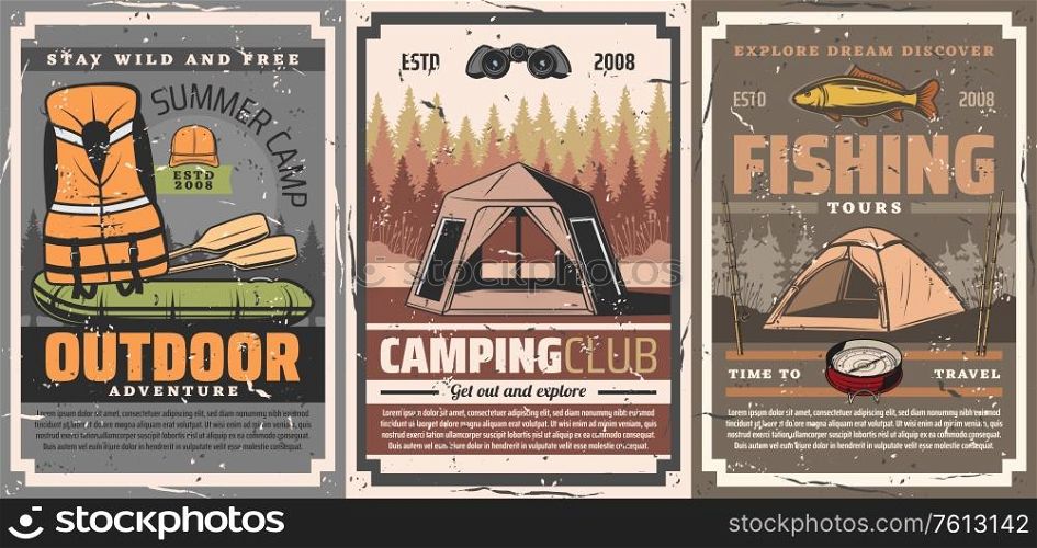 Active leisure, camping and rafting sport vector posters. Summer camp adventure tents and boat, life vest and fishing rods, life jacket and compass, fish. Hiking, trekking outdoor sport and travel. Active leisure, camping and rafting sport