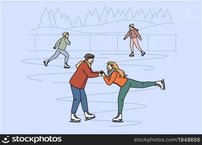 Active leisure in winter concept. Young happy smiling couple skating together on rink holding hands having fun vector illustration. Active leisure in winter concept.