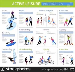 Active Leisure People Infographics. Active leisure people infographics with different games and activities in flat style isolated vector illustration