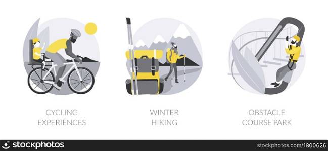 Active lifestyle abstract concept vector illustration set. Cycling experience, winter hiking, obstacle course park, extreme sports, outdoor workout, mountain vacation, city tour abstract metaphor.. Active lifestyle abstract concept vector illustrations.