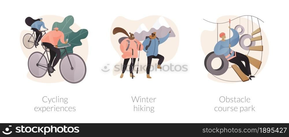 Active lifestyle abstract concept vector illustration set. Cycling experience, winter hiking, obstacle course park, extreme sports, outdoor workout, mountain vacation, city tour abstract metaphor.. Active lifestyle abstract concept vector illustrations.