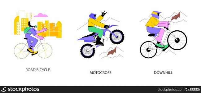 Active lifestyle abstract concept vector illustration set. Road bicycle, motocross and downhill, enduro dirt bike, mountain freeride, fast track, extreme sport, urban transport abstract metaphor.. Active lifestyle abstract concept vector illustrations.