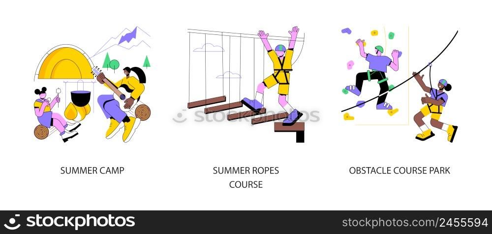 Active lifestyle abstract concept vector illustration set. Summer camp, ropes course, obstacle course park, family holiday activity, sport training, forest resort, vacation time abstract metaphor.. Active lifestyle abstract concept vector illustrations.