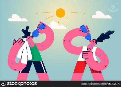 Active lifestyle and drinking water concept. Happy active sport couple man and woman standing outdoors in summer drinking bottle water after workout vector illustration . Active lifestyle and drinking water concept