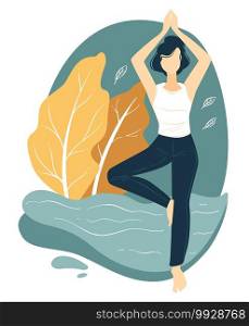 Active lifestyle and improvement of wellness. Woman doing yoga outdoors, female character practicing asanas outside in autumn. Meditation and balancing lady, life wellbeing vector in flat style. Female character practicing yoga, fitness and sports vector