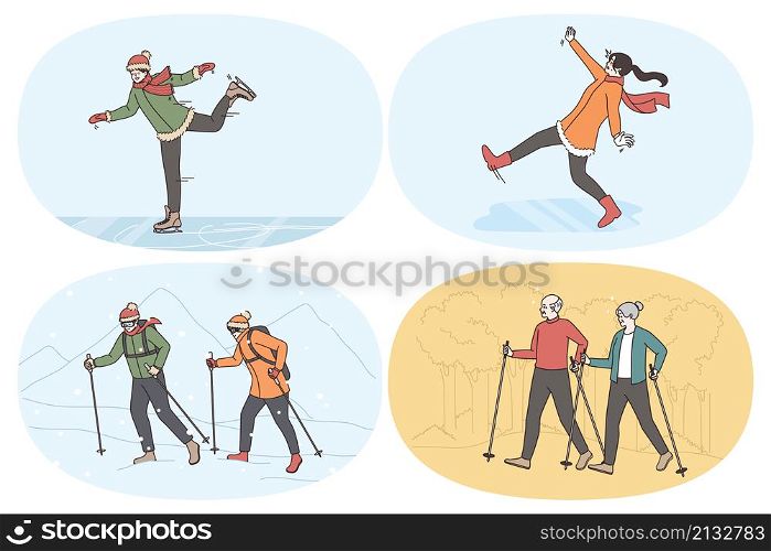 Active lifestyle and sport concept. Set of people skating on rink during winter falling down on ice hiking with sticks in mountains and in park during summer vector illustration. Active lifestyle and sport concept